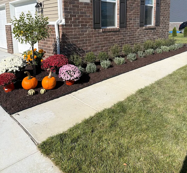 Fall garden bed with mums and pumpkins along a brick home