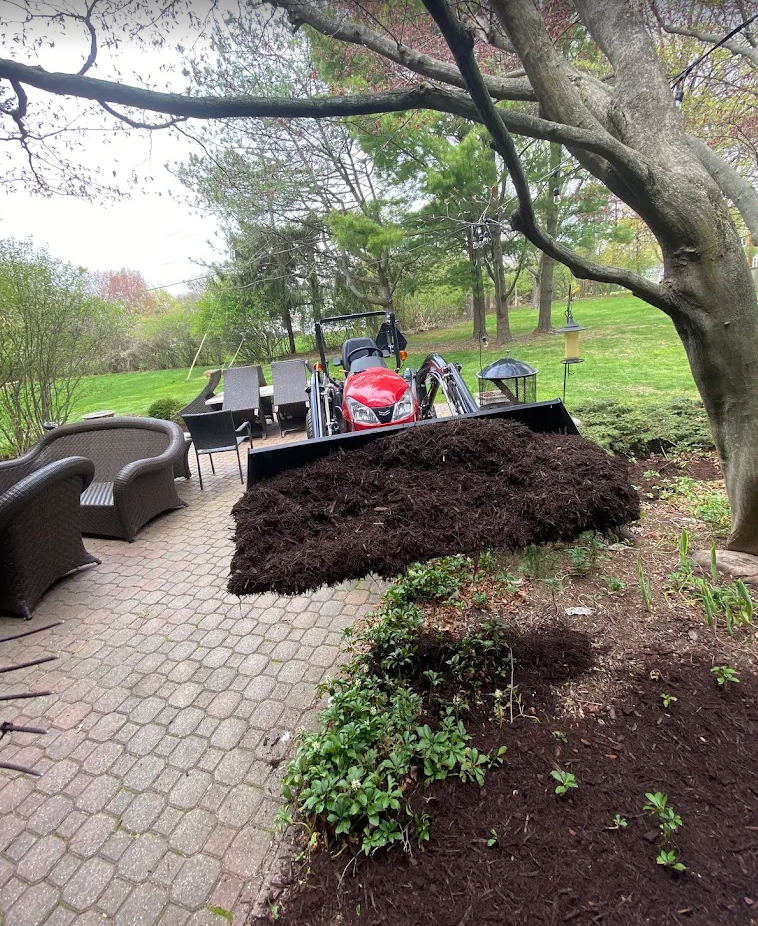 Tractor delivering fresh dark mulch to a backyard garden bed