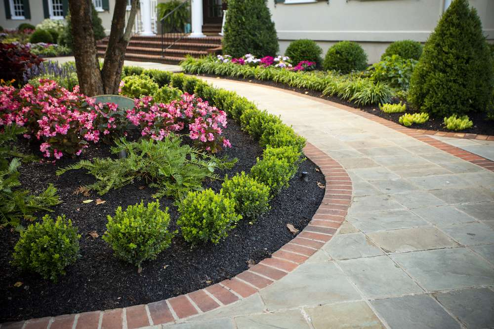 Curved garden bed with boxwood hedges, pink flowers, and a stone walkway