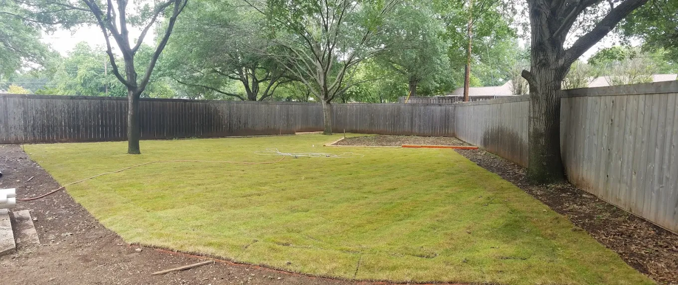 Newly laid sod filling a large fenced backyard under mature trees